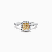 The Canare 14K Two-Tone Gold Yellow Diamond Ring Set features a cushion-cut yellow center stone with a halo of white diamonds and a split shank band adorned with more diamonds, showcasing the signature Effy Canare style.
