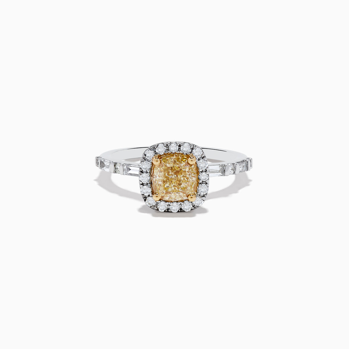 The Canare 14K Two-Tone Gold Yellow Diamond Ring Set features a cushion-cut yellow center stone with a halo of white diamonds and a split shank band adorned with more diamonds, showcasing the signature Effy Canare style.