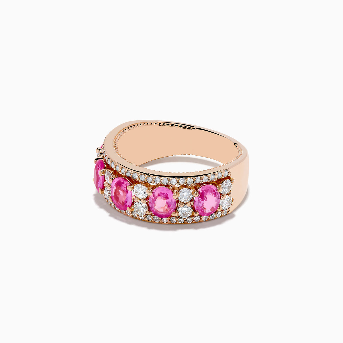 The 14K Rose Gold Pink Sapphire and Diamond Ring showcases a row of oval pink sapphires between two rows of small round white diamonds, set in rose gold and displayed against a white background.