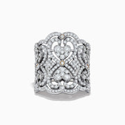 The Pave Classica 14k White Gold Diamond Ring by Effy features an intricate filigree design with sparkling diamonds and heart-shaped accents, displayed against a plain white background.