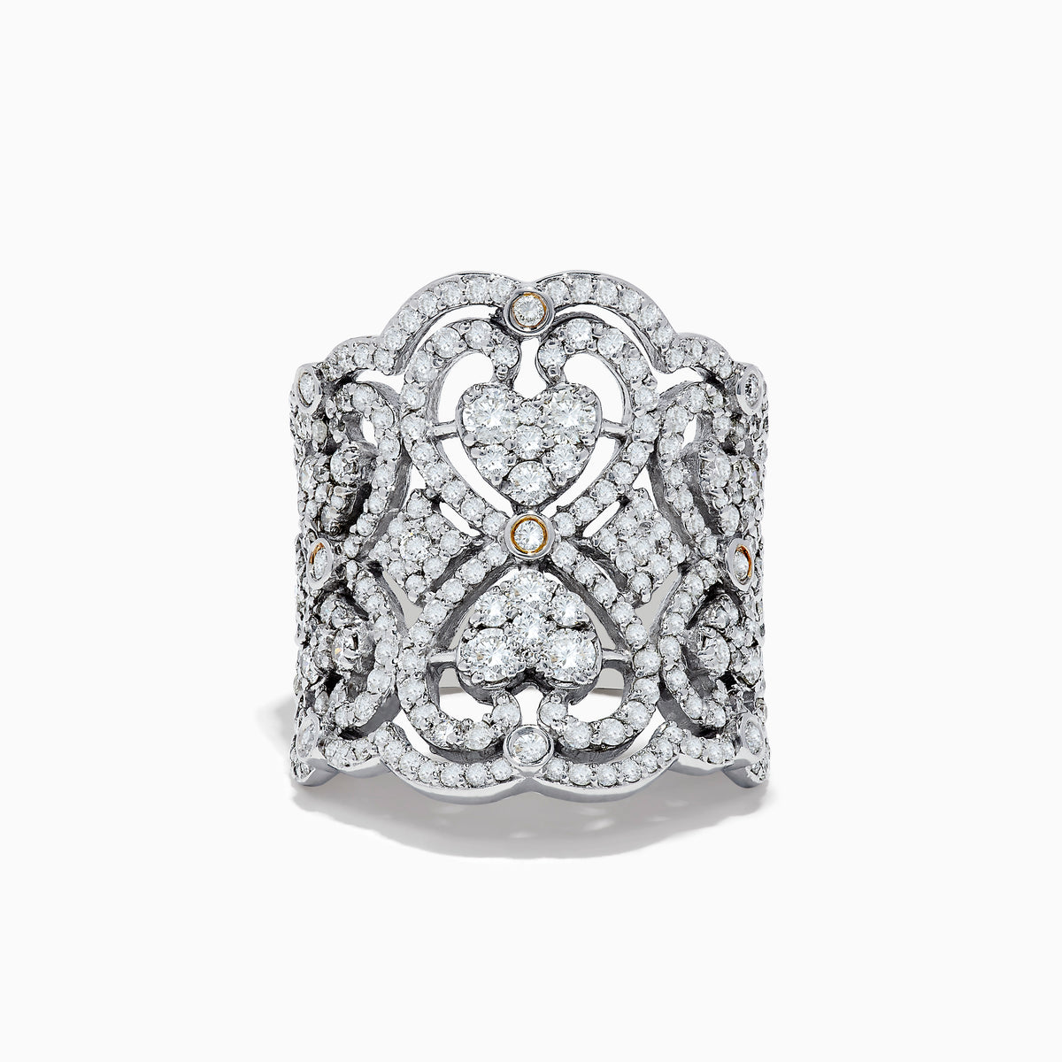 The Pave Classica 14k White Gold Diamond Ring by Effy features an intricate filigree design with sparkling diamonds and heart-shaped accents, displayed against a plain white background.