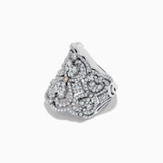 The Pave Classica 14k White Gold Diamond Ring by Effy features an intricate filigree design with sparkling diamonds and heart-shaped accents, displayed against a plain white background.