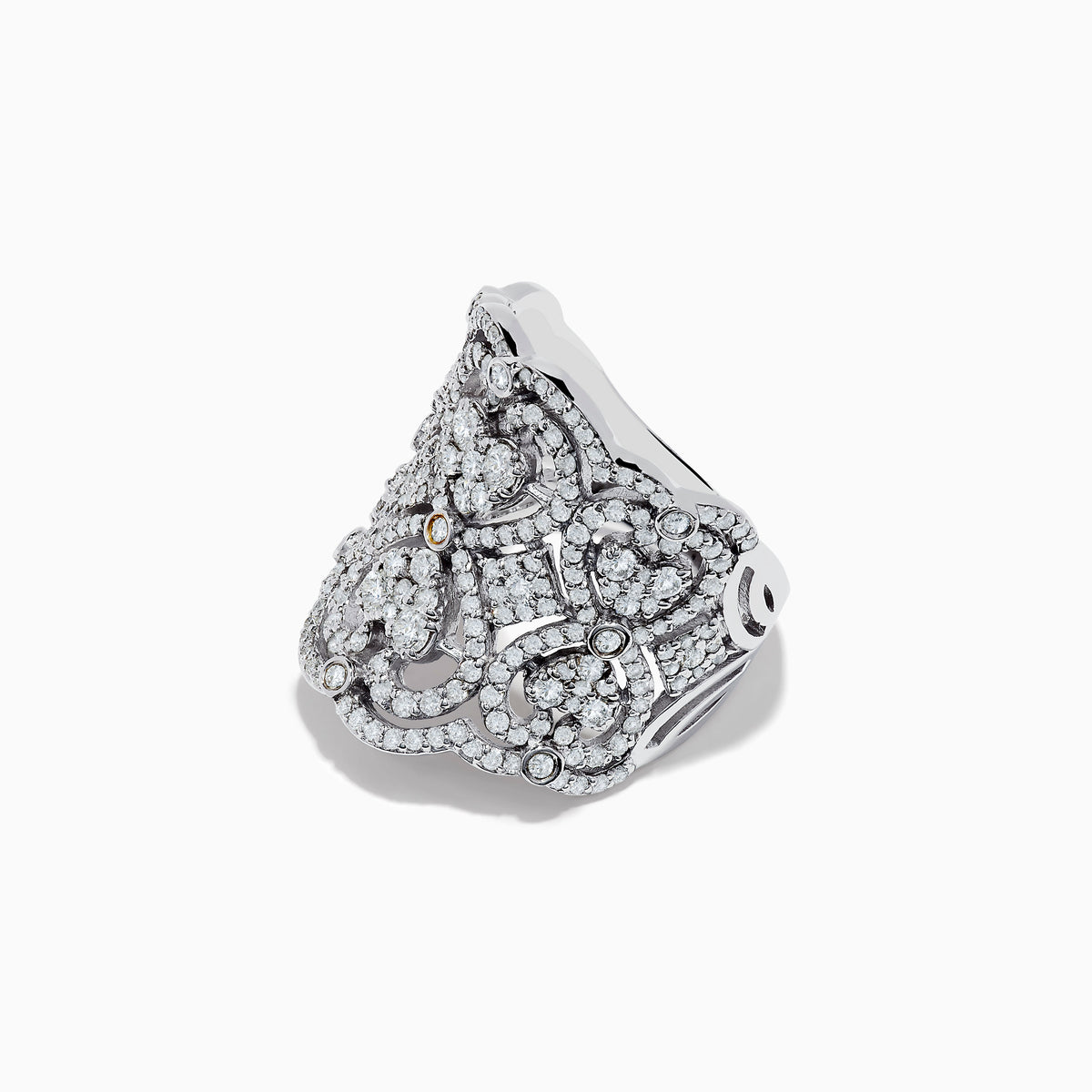 The Pave Classica 14k White Gold Diamond Ring by Effy features an intricate filigree design with sparkling diamonds and heart-shaped accents, displayed against a plain white background.