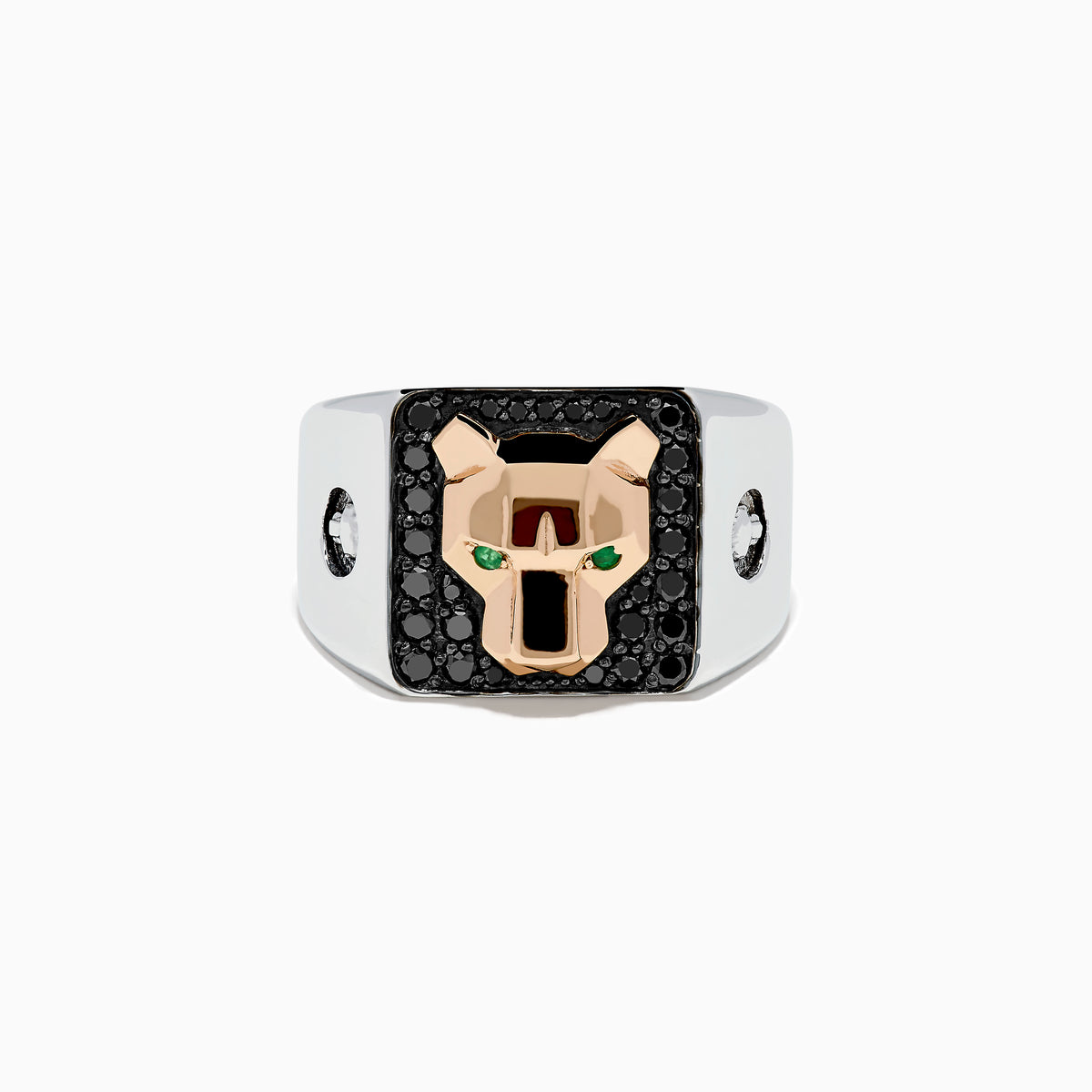 The Mens Signature 14K Two Tone Black Diamond and Emerald Panther Ring showcases a geometric gold panther head with green gemstone eyes set on a black, rectangular background adorned with black diamonds.
