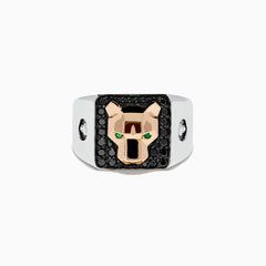 The Mens Signature 14K Two Tone Black Diamond and Emerald Panther Ring showcases a geometric gold panther head with green gemstone eyes set on a black, rectangular background adorned with black diamonds.