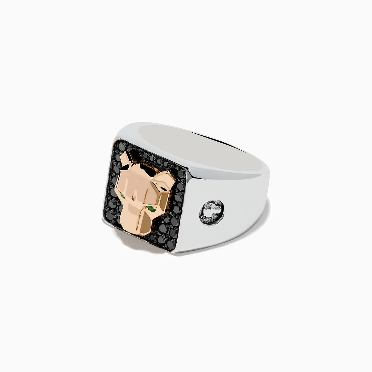 The Mens Signature 14K Two Tone Black Diamond and Emerald Panther Ring showcases a geometric gold panther head with green gemstone eyes set on a black, rectangular background adorned with black diamonds.