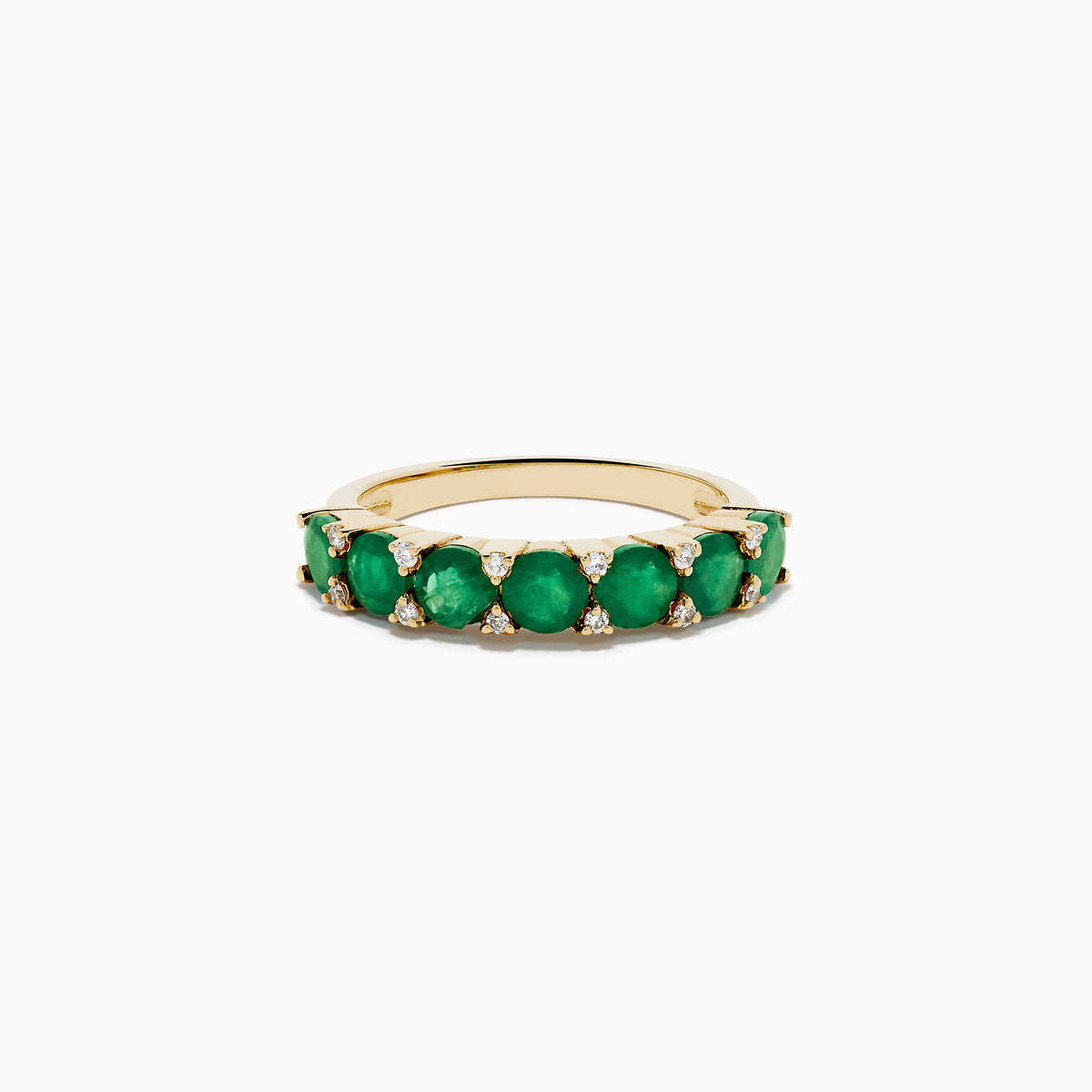 The 14K Yellow Gold Emerald and Diamond Band showcases oval green emeralds accented by small round white diamonds, beautifully displayed on a white background.