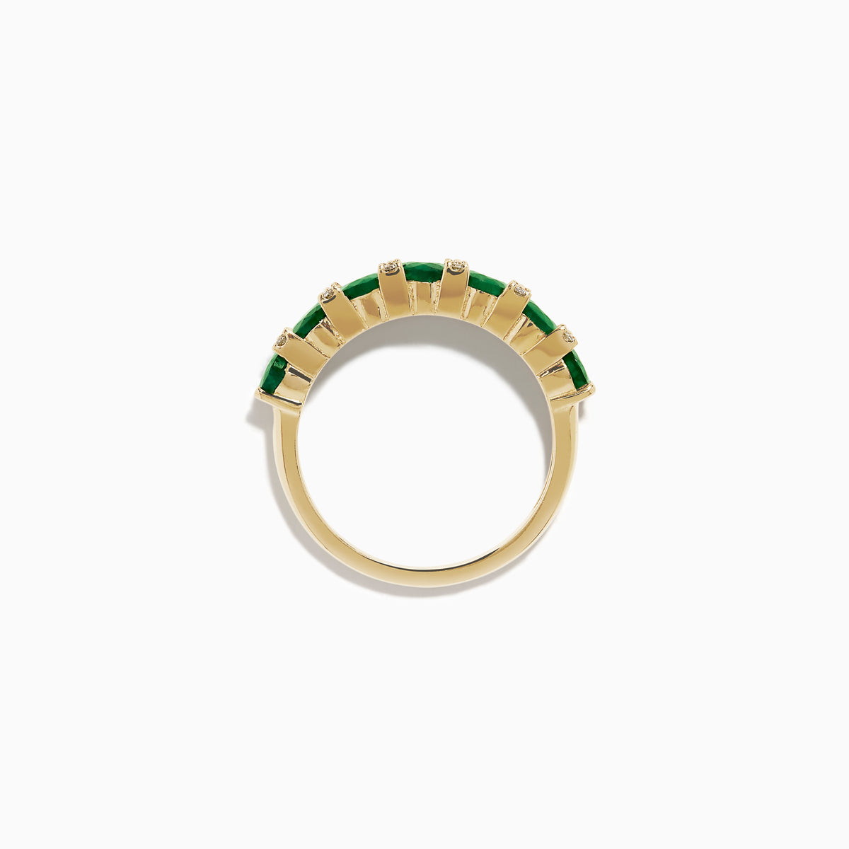 The 14K Yellow Gold Emerald and Diamond Band showcases oval green emeralds accented by small round white diamonds, beautifully displayed on a white background.