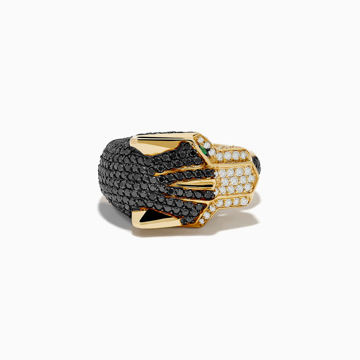 The Mens Signature 14K Yellow Gold Diamond and Emerald Panther Ring features a panther’s head with diamond accents, black and white details, and striking emerald eyes, shown against a white background.