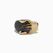 The Mens Signature 14K Yellow Gold Diamond and Emerald Panther Ring features a panther’s head with diamond accents, black and white details, and striking emerald eyes, shown against a white background.