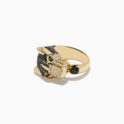 The Mens Signature 14K Yellow Gold Diamond and Emerald Panther Ring features a panther’s head with diamond accents, black and white details, and striking emerald eyes, shown against a white background.