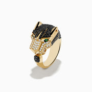 The Mens Signature 14K Yellow Gold Diamond and Emerald Panther Ring features a panther’s head with diamond accents, black and white details, and striking emerald eyes, shown against a white background.