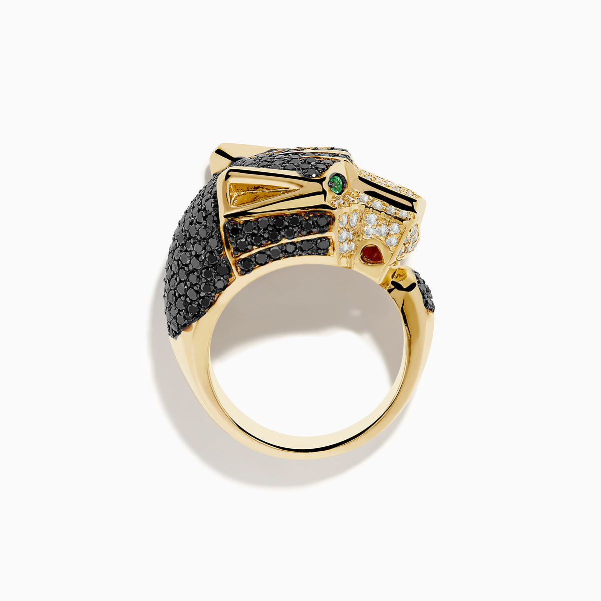 The Mens Signature 14K Yellow Gold Diamond and Emerald Panther Ring features a panther’s head with diamond accents, black and white details, and striking emerald eyes, shown against a white background.
