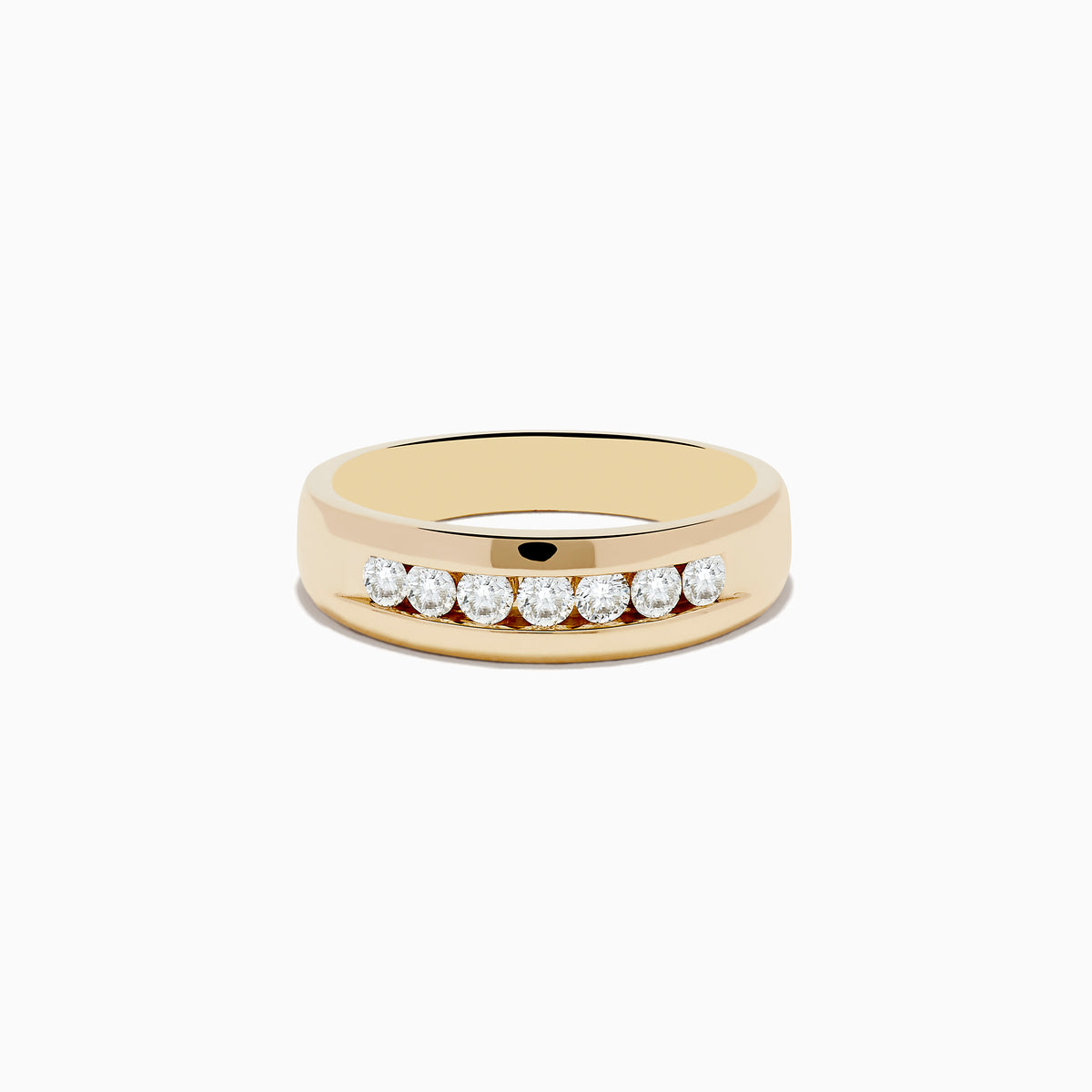 The Mens 14K Yellow Gold Diamond Channel Set Ring features a smooth band with eight round diamonds set in a straight row across the front, displayed against a plain white background.