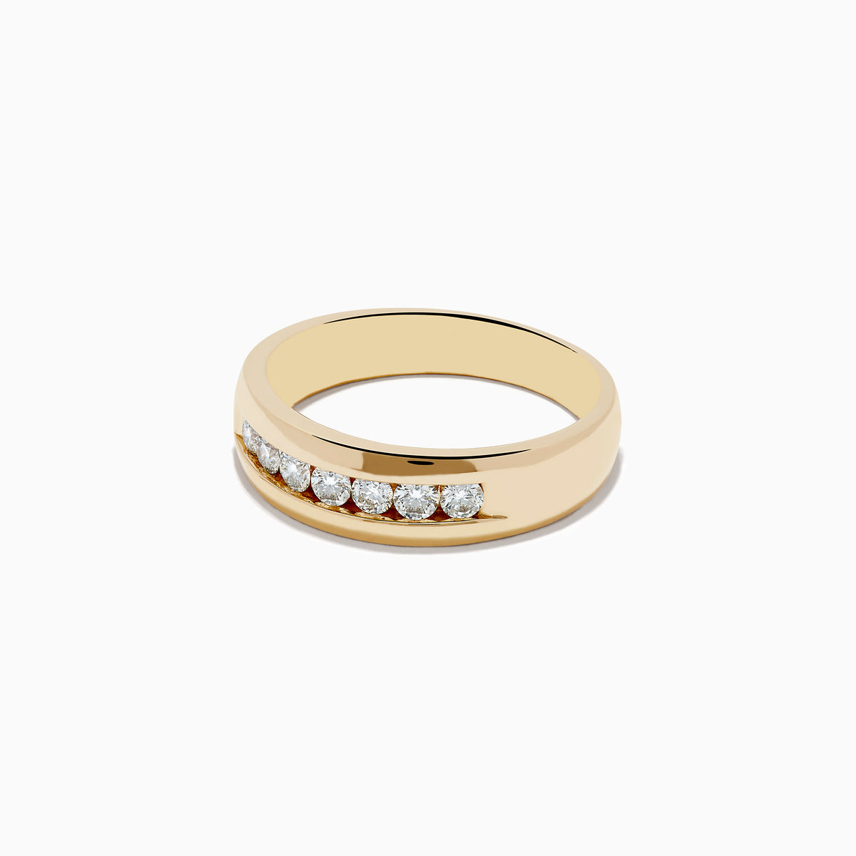 The Mens 14K Yellow Gold Diamond Channel Set Ring features a smooth band with eight round diamonds set in a straight row across the front, displayed against a plain white background.