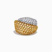 The Canare 14K Yellow Gold White and Yellow Diamond Statement Ring showcases two overlapping bands—one with white diamonds, one with yellow diamonds—in a textured pavé setting on radiant yellow gold.