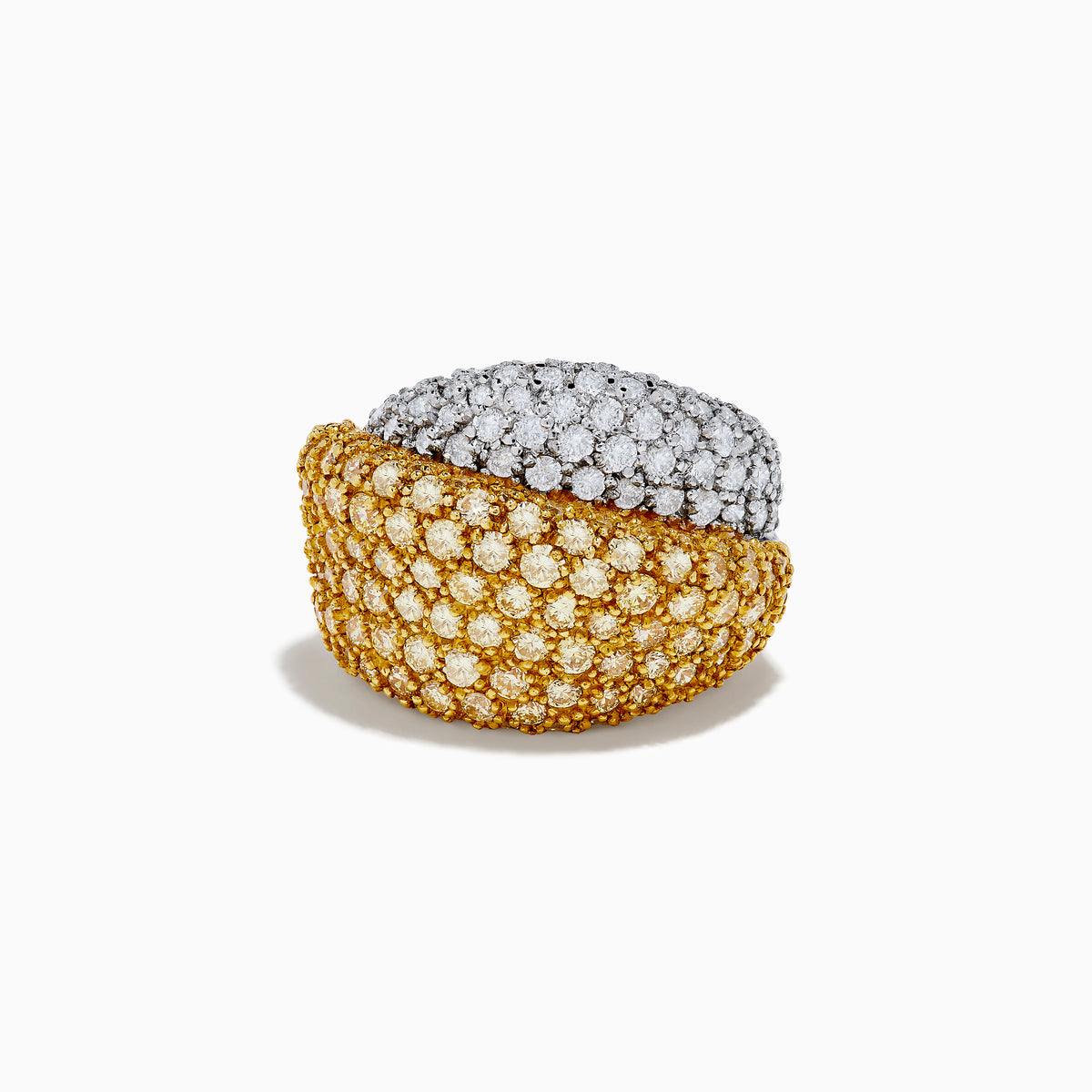 The Canare 14K Yellow Gold White and Yellow Diamond Statement Ring showcases two overlapping bands—one with white diamonds, one with yellow diamonds—in a textured pavé setting on radiant yellow gold.
