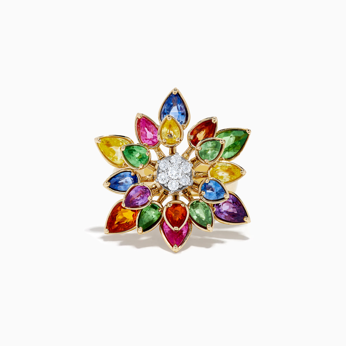 The Watercolors 14K Two-Tone Multi Sapphire Moving Petals Flower Ring features teardrop sapphires in yellow, orange, green, blue, and purple with sparkling white diamonds at the center—a vibrant floral piece for any jewelry collection.