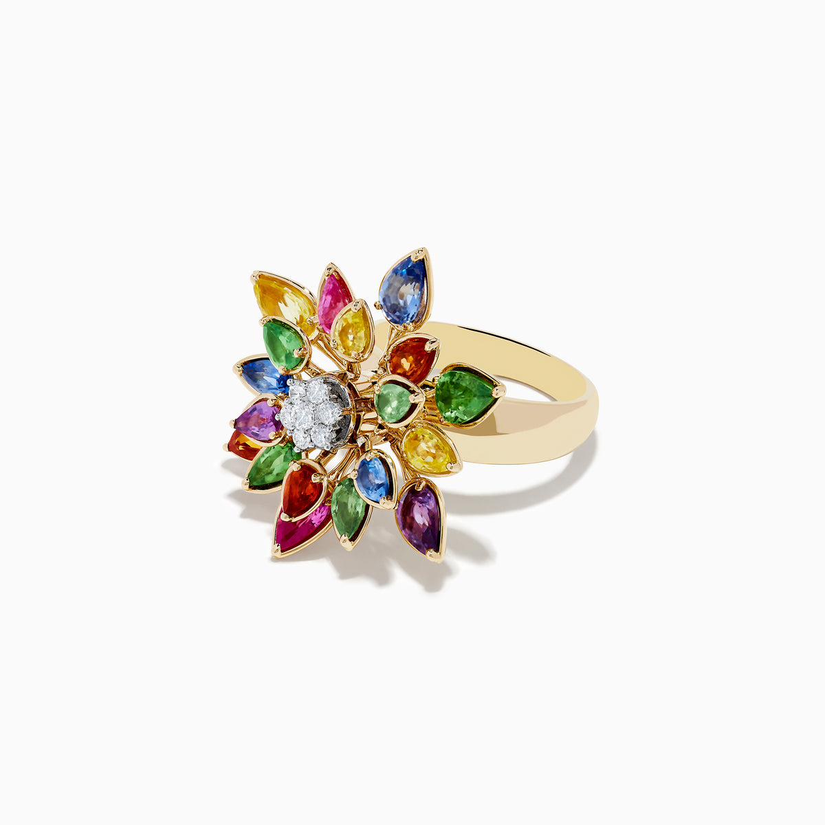 The Watercolors 14K Two-Tone Multi Sapphire Moving Petals Flower Ring features teardrop sapphires in yellow, orange, green, blue, and purple with sparkling white diamonds at the center—a vibrant floral piece for any jewelry collection.