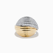 The Duo 14K White and Yellow Gold Diamond Ring features a ribbed design with a dome top encrusted in rows of sparkling diamonds, shown against a plain white background.