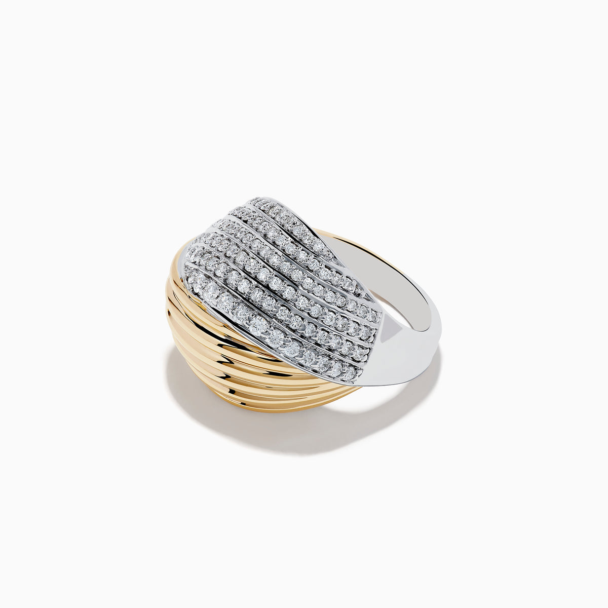 The Duo 14K White and Yellow Gold Diamond Ring features a ribbed design with a dome top encrusted in rows of sparkling diamonds, shown against a plain white background.
