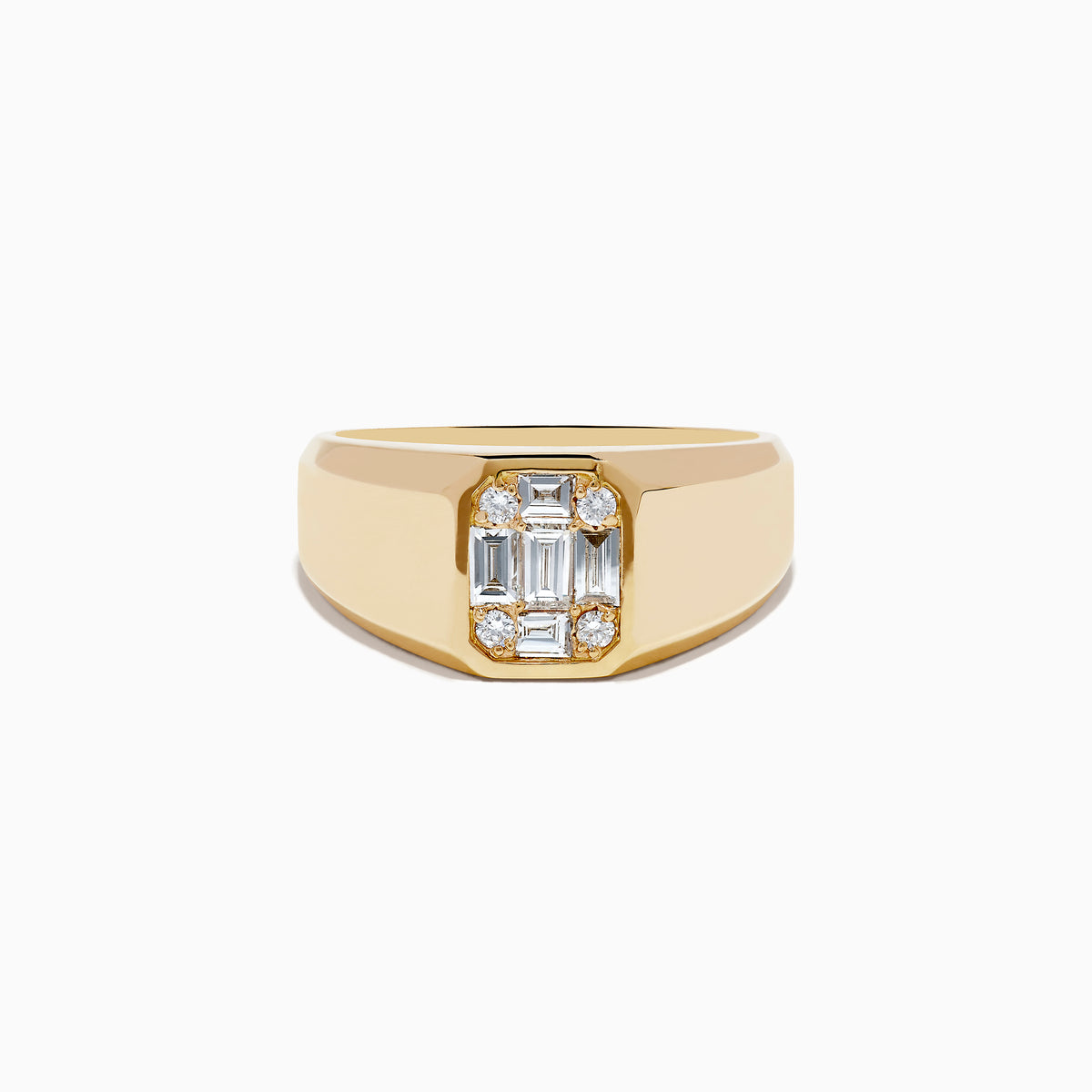 The Mens 14K Yellow Gold Diamond Ring features baguette and round diamonds in a rectangular setting on a wide, polished band—an outstanding Effy design.