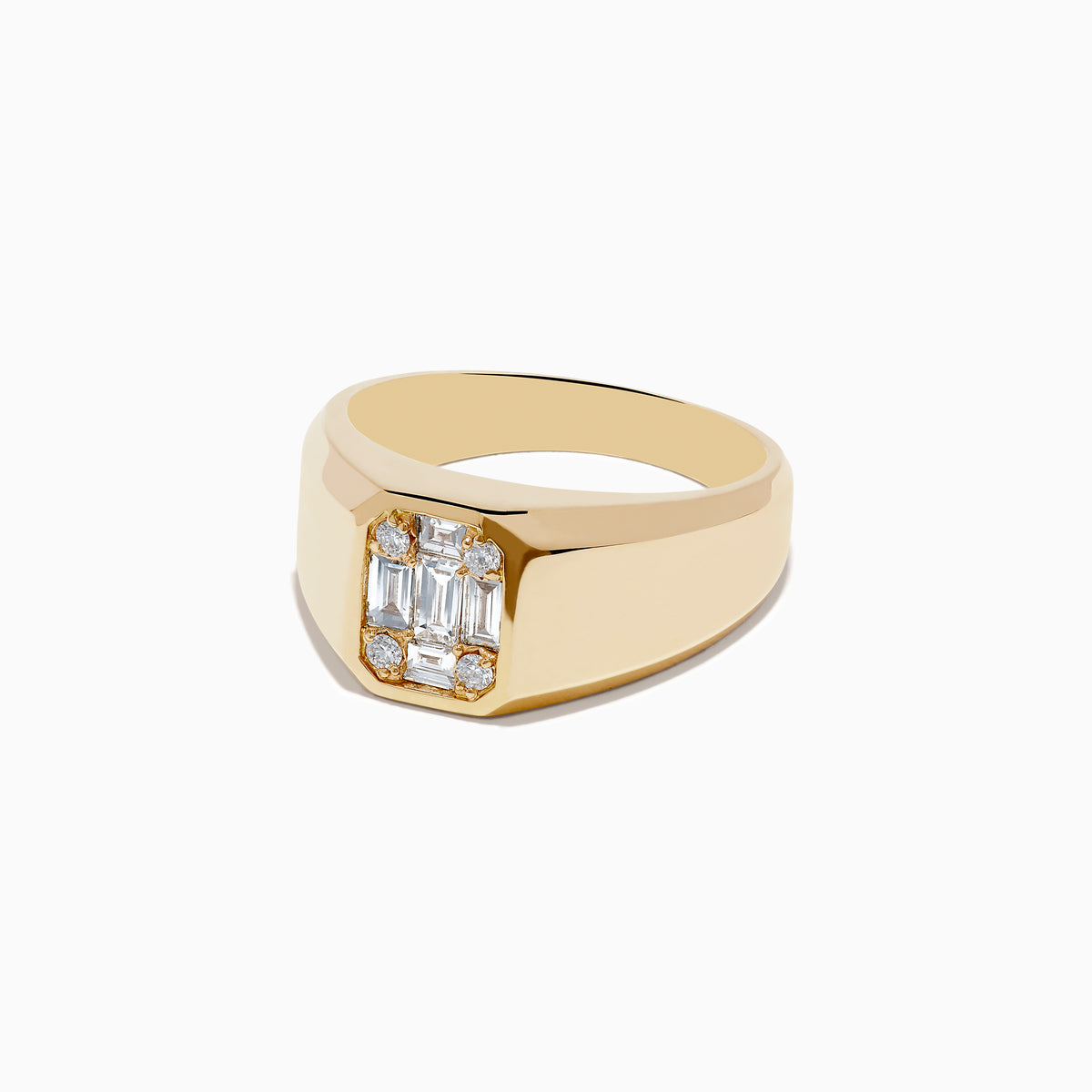 The Mens 14K Yellow Gold Diamond Ring features baguette and round diamonds in a rectangular setting on a wide, polished band—an outstanding Effy design.