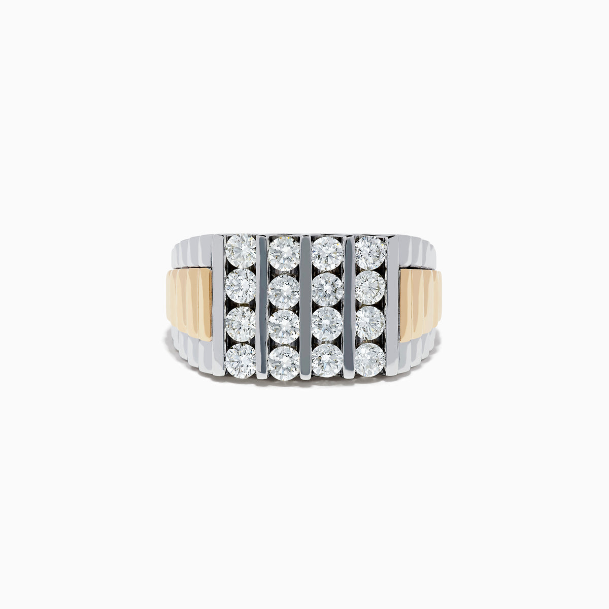 The Mens 14K Two-Tone Gold Diamond Ring features a wide two-tone band with three center rows of sparkling diamonds and grooved gold accents, displayed against a white background.
