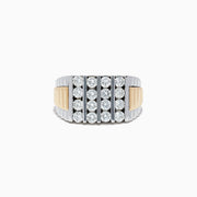 The Mens 14K Two-Tone Gold Diamond Ring features a wide two-tone band with three center rows of sparkling diamonds and grooved gold accents, displayed against a white background.