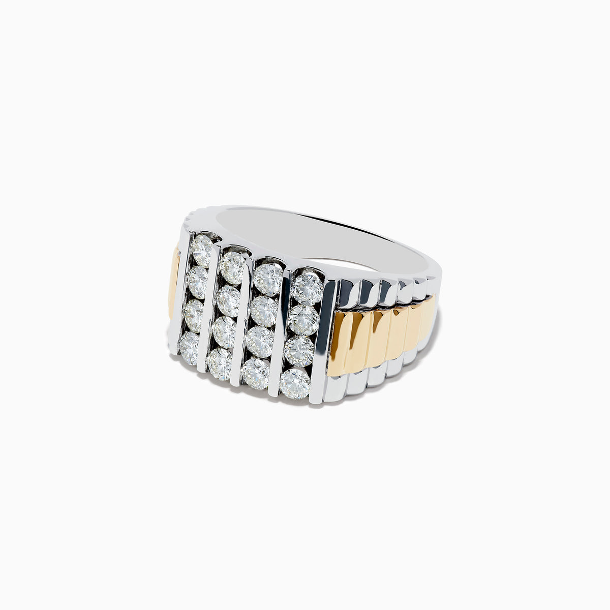 The Mens 14K Two-Tone Gold Diamond Ring features a wide two-tone band with three center rows of sparkling diamonds and grooved gold accents, displayed against a white background.