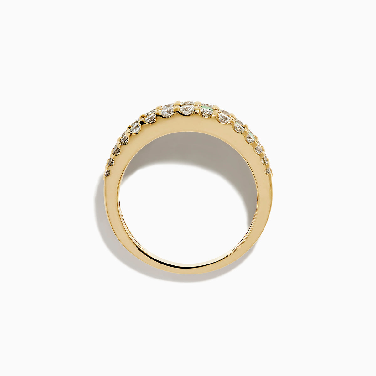 The Brasilica 14K Yellow Gold Emerald and Diamond Wide Band Ring features a symmetrical design with two rows of round diamonds framing horizontally set rectangular green emeralds, offering timeless sophistication.
