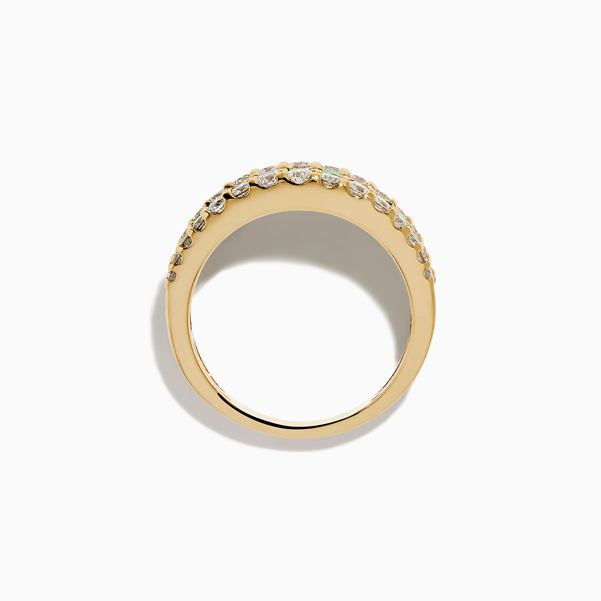 The Brasilica 14K Yellow Gold Emerald and Diamond Wide Band Ring features a symmetrical design with two rows of round diamonds framing horizontally set rectangular green emeralds, offering timeless sophistication.
