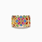 The Watercolors 14K Yellow Gold Multi Sapphire and Tsavorite Ring features a wide gold band with colorful gemstones set in vibrant floral and circular patterns.
