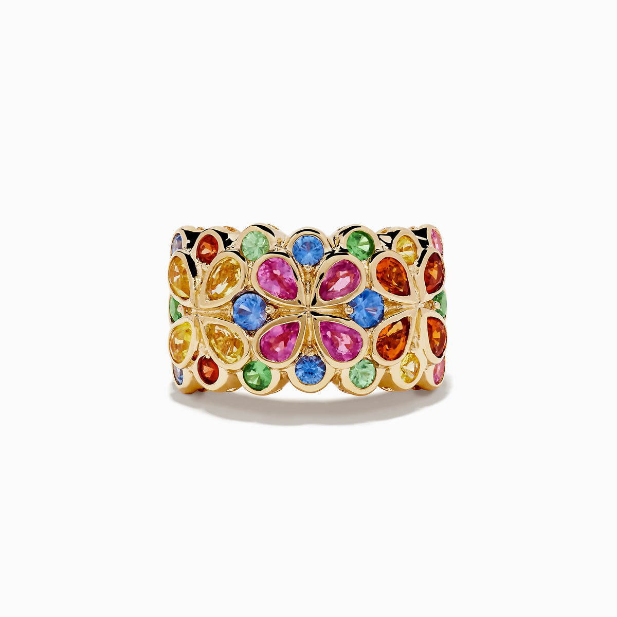 The Watercolors 14K Yellow Gold Multi Sapphire and Tsavorite Ring features a wide gold band with colorful gemstones set in vibrant floral and circular patterns.