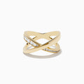The DOro 14K Yellow Gold Diamond Criss Cross Ring showcases two intersecting bands—one polished and one set with sparkling diamonds—against a white background.