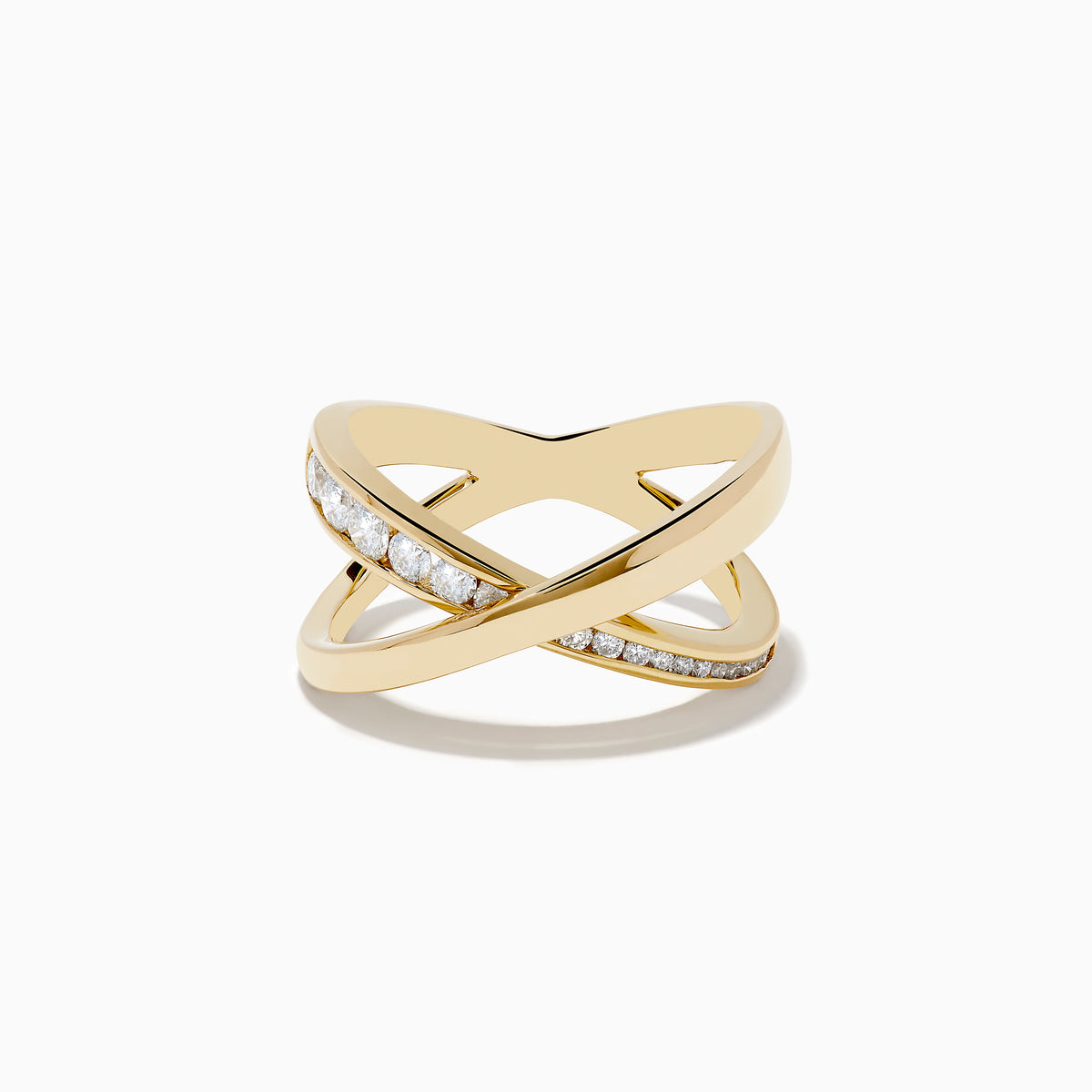 The DOro 14K Yellow Gold Diamond Criss Cross Ring showcases two intersecting bands—one polished and one set with sparkling diamonds—against a white background.