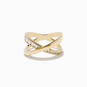 The DOro 14K Yellow Gold Diamond Criss Cross Ring showcases two intersecting bands—one polished and one set with sparkling diamonds—against a white background.