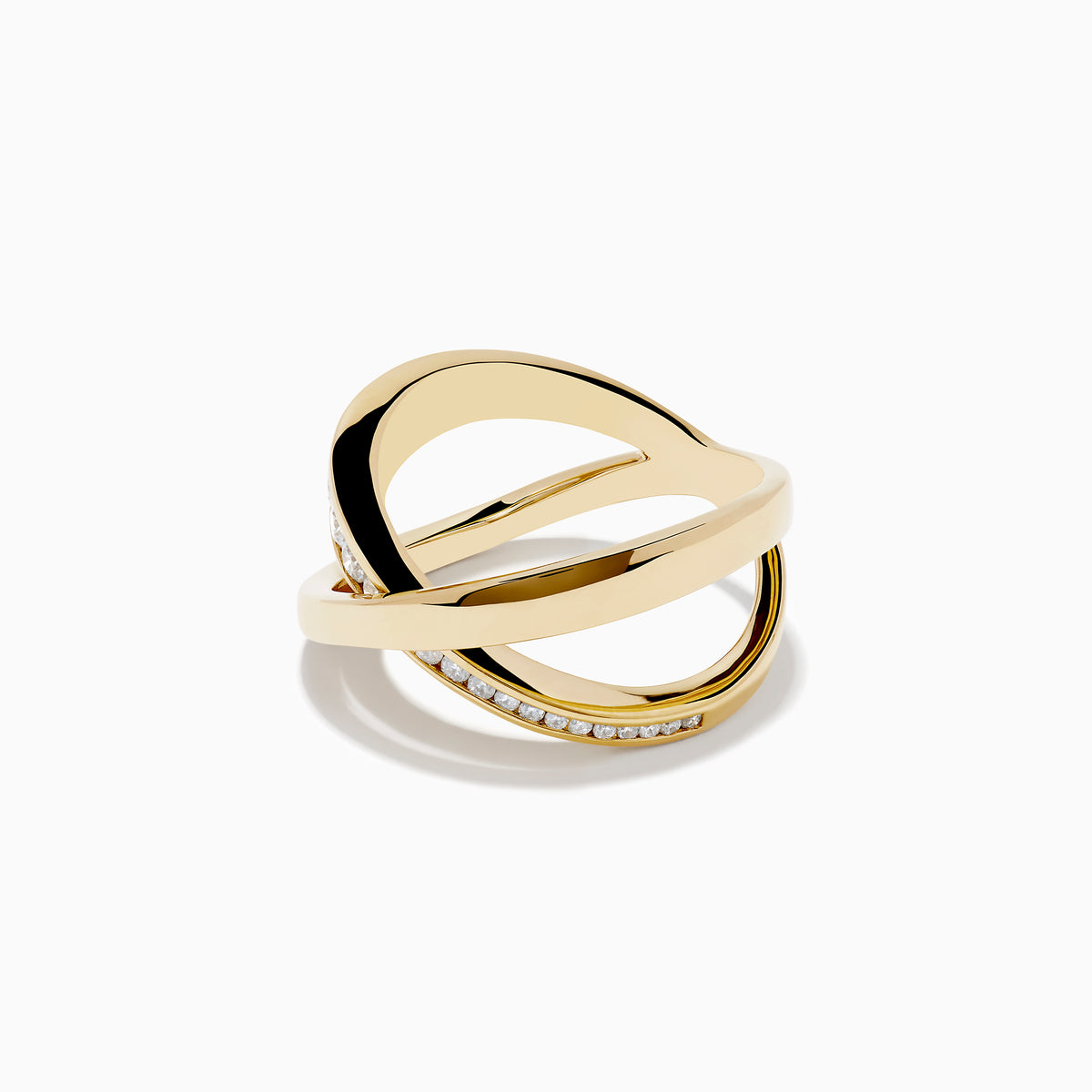 The DOro 14K Yellow Gold Diamond Criss Cross Ring showcases two intersecting bands—one polished and one set with sparkling diamonds—against a white background.