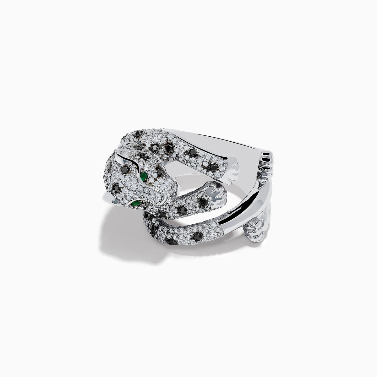 The Signature 14K White Gold Diamond and Emerald Panther Ring features a crouching panther encrusted with sparkling diamonds and vivid emerald eyes, set in gleaming white gold.