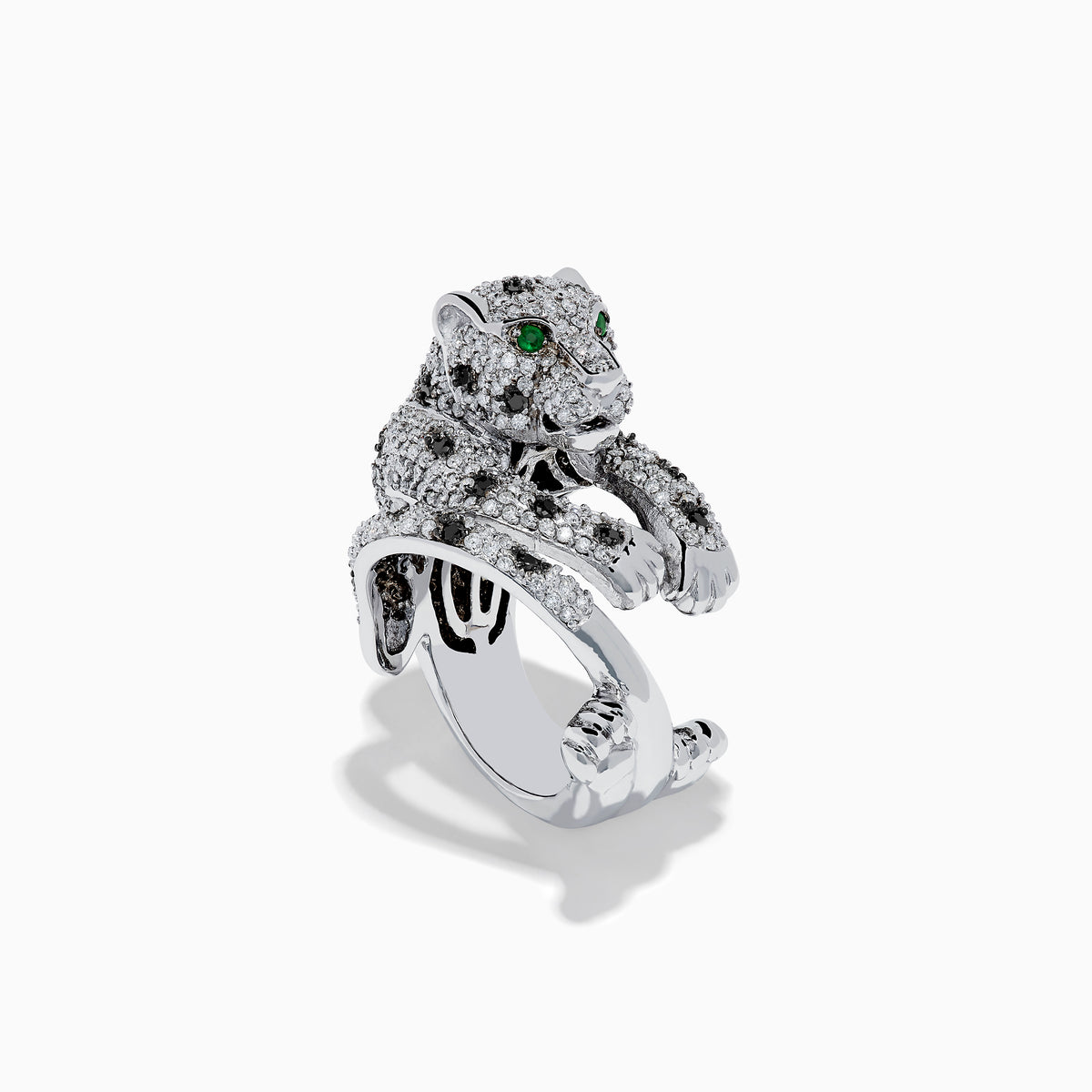 The Signature 14K White Gold Diamond and Emerald Panther Ring features a crouching panther encrusted with sparkling diamonds and vivid emerald eyes, set in gleaming white gold.