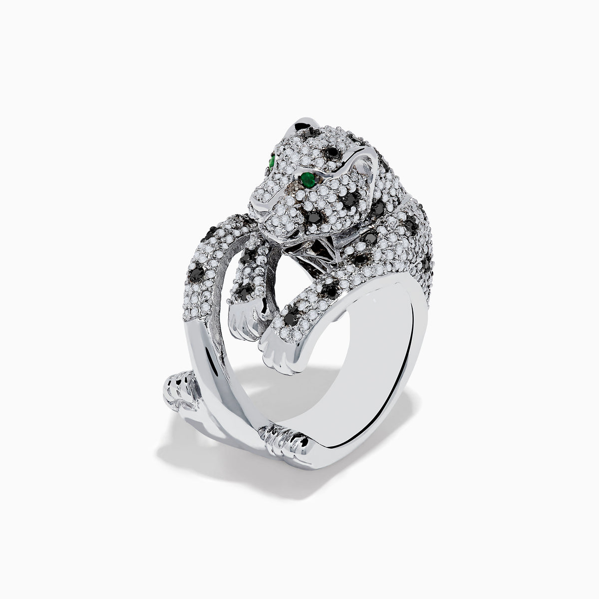 The Signature 14K White Gold Diamond and Emerald Panther Ring features a crouching panther encrusted with sparkling diamonds and vivid emerald eyes, set in gleaming white gold.