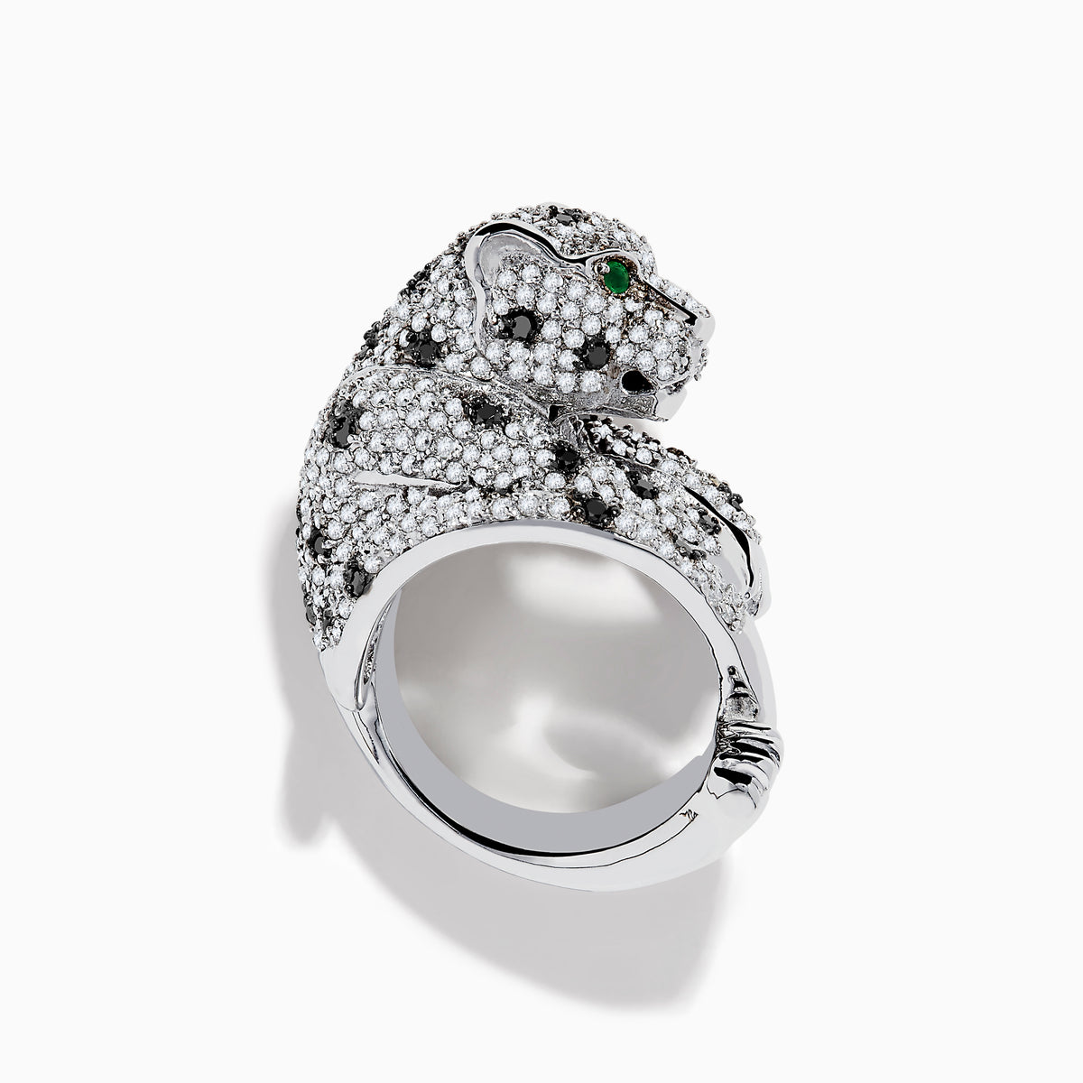 The Signature 14K White Gold Diamond and Emerald Panther Ring features a crouching panther encrusted with sparkling diamonds and vivid emerald eyes, set in gleaming white gold.