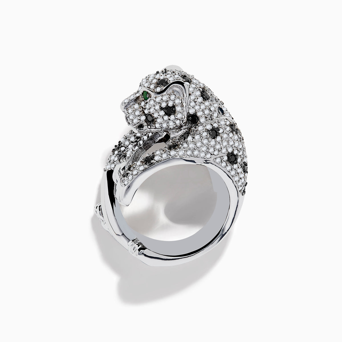 The Signature 14K White Gold Diamond and Emerald Panther Ring features a crouching panther encrusted with sparkling diamonds and vivid emerald eyes, set in gleaming white gold.