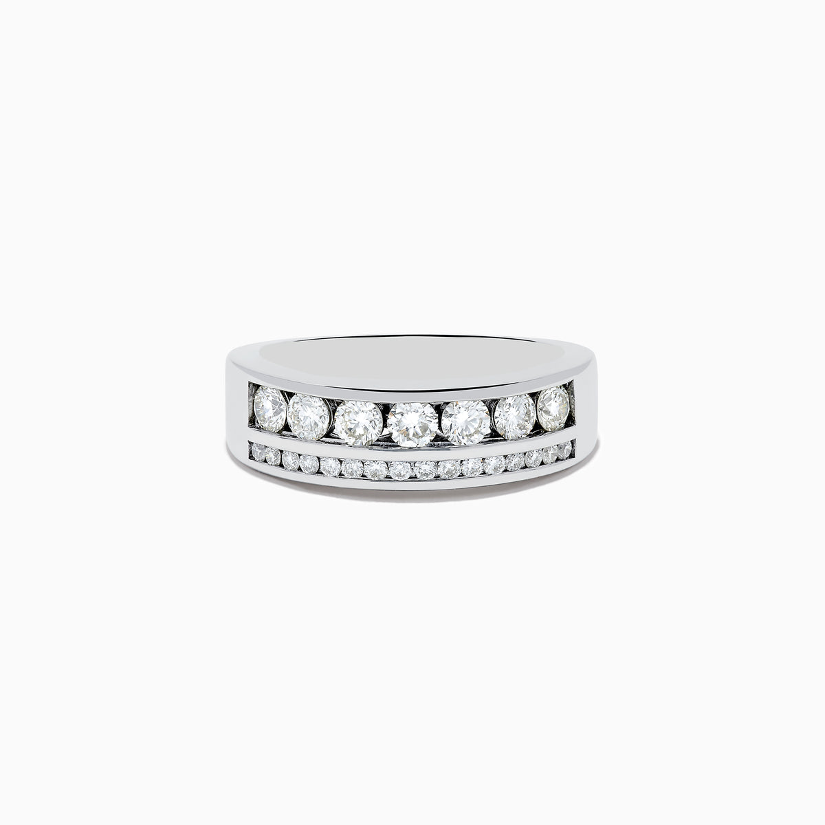 The Mens 14K White Gold Diamond Double Channel Set Ring showcases two parallel rows of round-cut white diamonds on a wide band, exuding timeless sophistication and bold style against a plain white background.