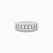 The Mens 14K White Gold Diamond Double Channel Set Ring showcases two parallel rows of round-cut white diamonds on a wide band, exuding timeless sophistication and bold style against a plain white background.