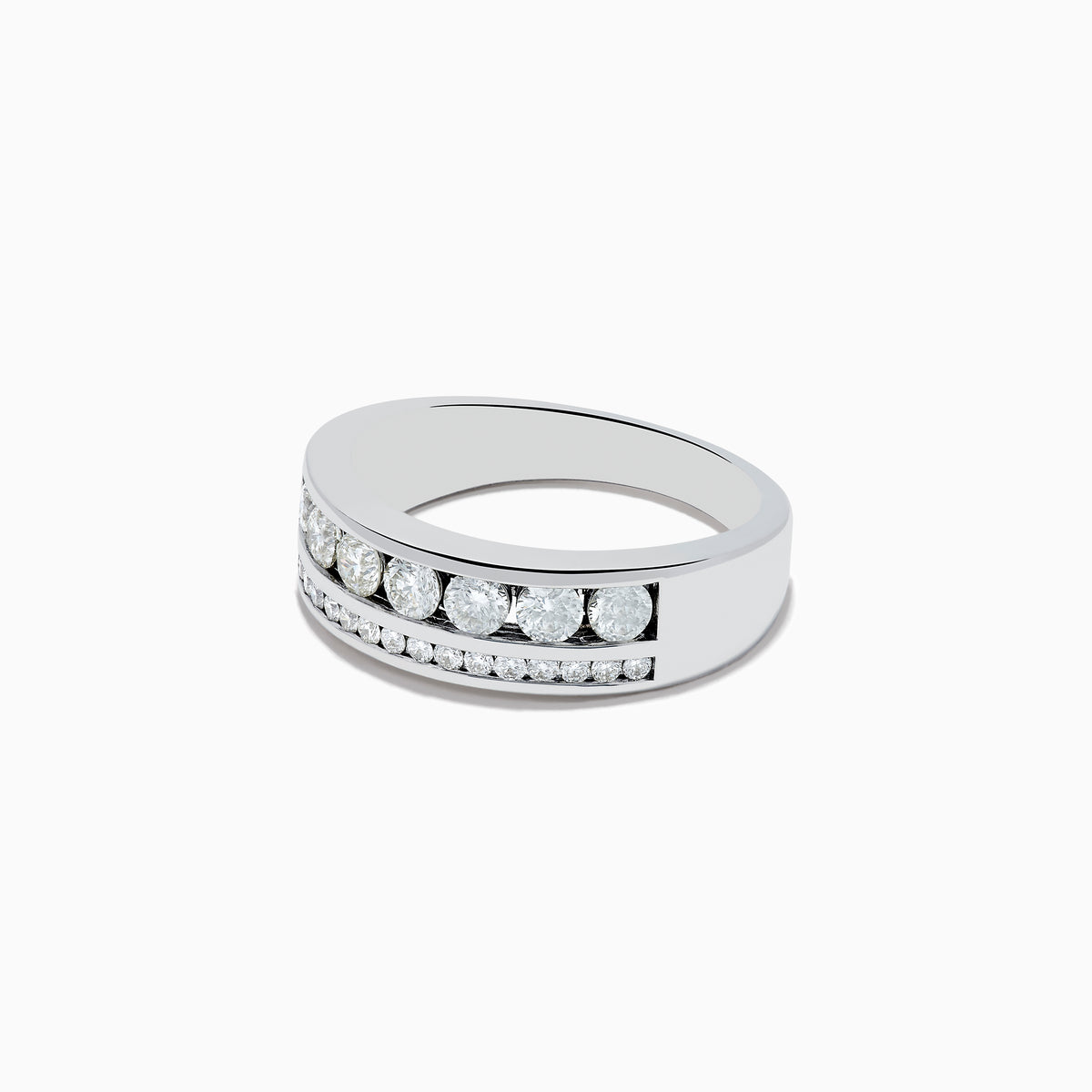 The Mens 14K White Gold Diamond Double Channel Set Ring showcases two parallel rows of round-cut white diamonds on a wide band, exuding timeless sophistication and bold style against a plain white background.