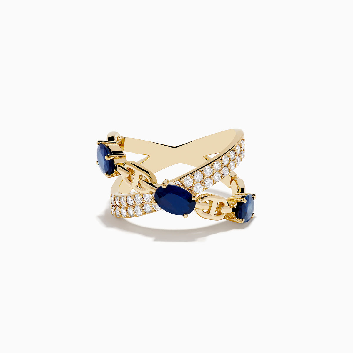The Royal Bleu 14K Yellow Gold Sapphire and Diamond Criss Cross Chain Link Ring features three oval sapphires and rows of white diamonds along interwoven bands, shown on a white background.