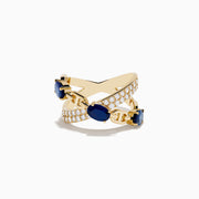 The Royal Bleu 14K Yellow Gold Sapphire and Diamond Criss Cross Chain Link Ring features three oval sapphires and rows of white diamonds along interwoven bands, shown on a white background.