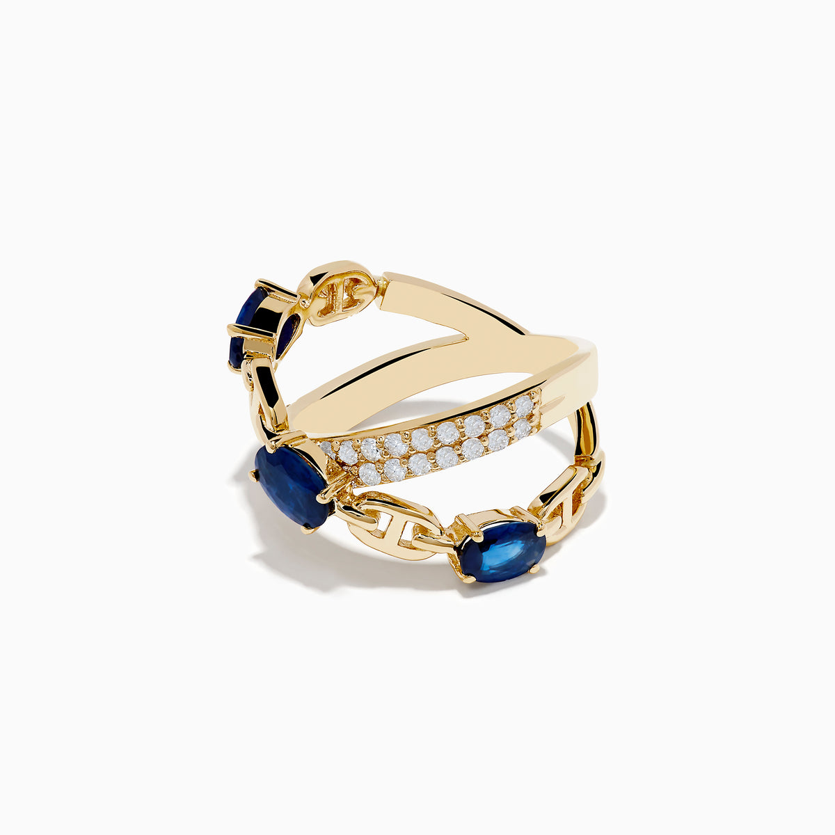 The Royal Bleu 14K Yellow Gold Sapphire and Diamond Criss Cross Chain Link Ring features three oval sapphires and rows of white diamonds along interwoven bands, shown on a white background.