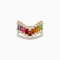 The 14K Yellow Gold Multi Color Sapphire and Diamond Contoured Band Ring showcases sapphire baguettes in various colors bordered by small round diamonds, all set in a chevron shape against a white background.